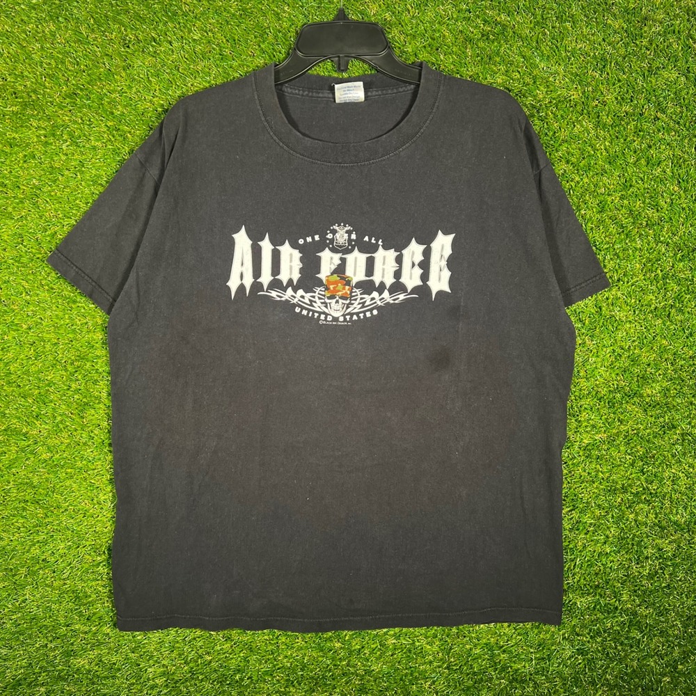 Vintage Soffe US Air Force Graphic T Shirt Mens Large Black Skull Camo Made USA